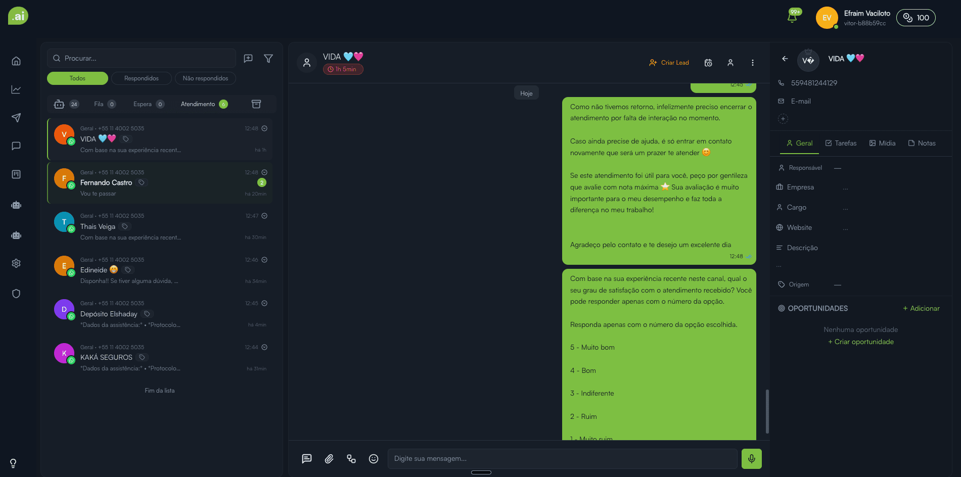 Painel de conversas do WhatsApp centralizado na plataforma falecomigo.ai