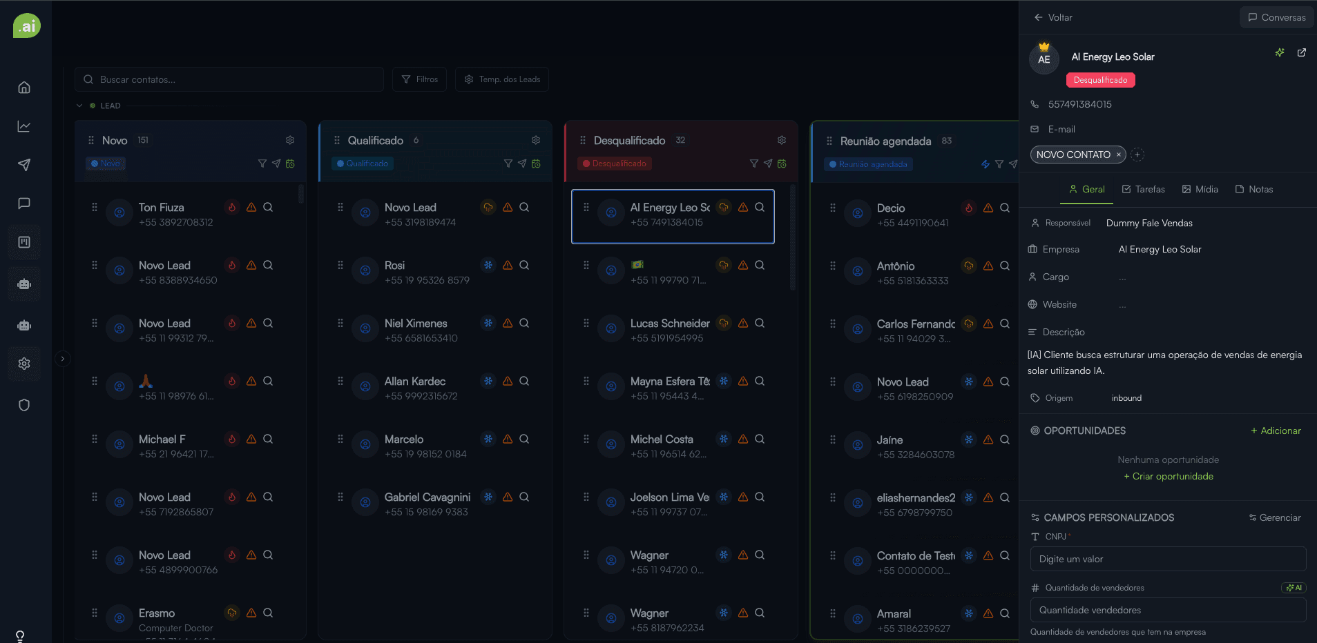 Kanban de leads atualizado automaticamente pela IA